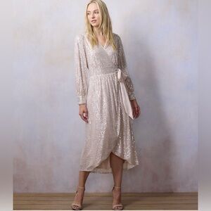 Lauren Conrad Ivory Tan Sequin Wrap Dress